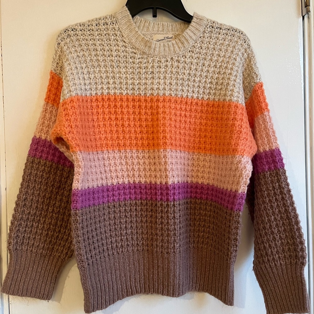 Universal Thread Waffle-Knit Colorblock Crewneck Sweater - Orange, Pink & Brown